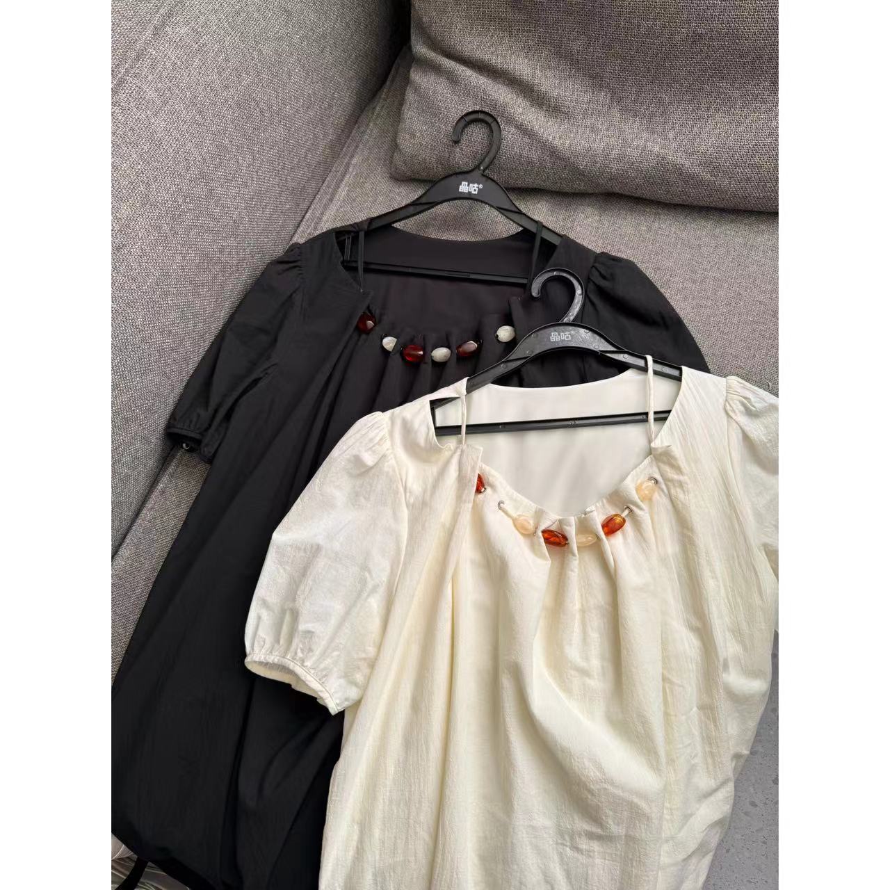 晶咕佳佳【旷野柔风】领口装饰褶皱短袖连衣裙宽松时尚夏季法式