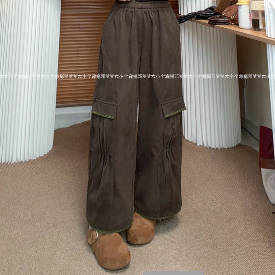 晴晴“捏褶裤”原创美式工装口袋裤秋冬高腰加厚灯芯绒显瘦捏褶裤