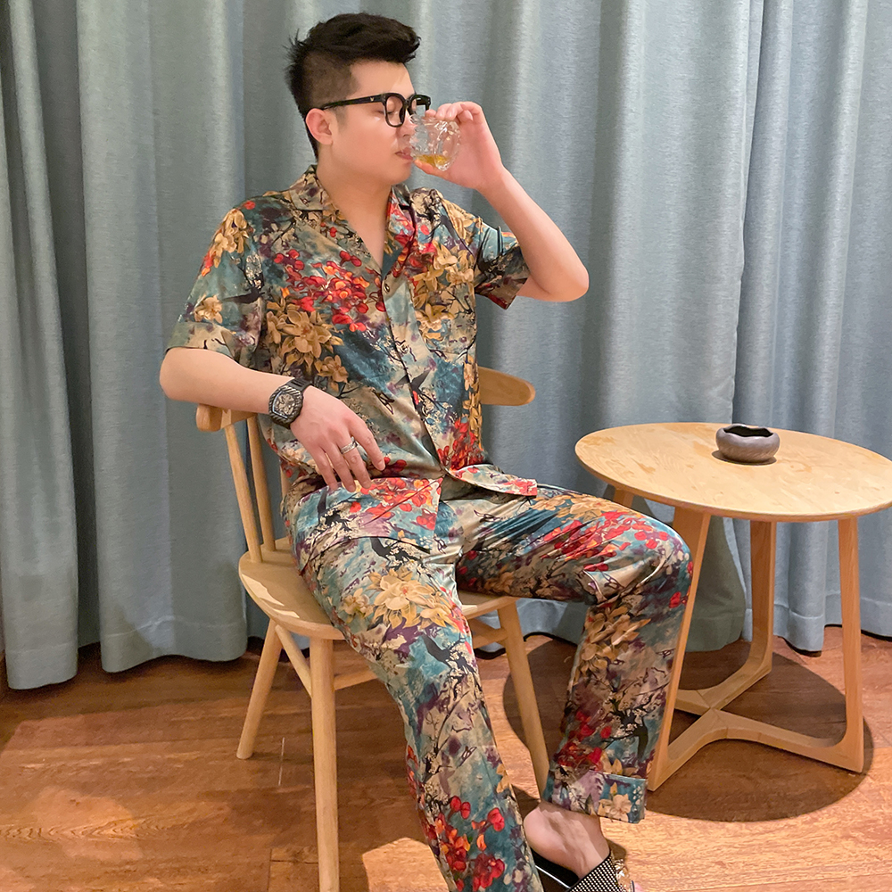 印花短袖长裤冰丝睡衣套装帅气薄款休闲丝滑轻薄可外穿男士家居服