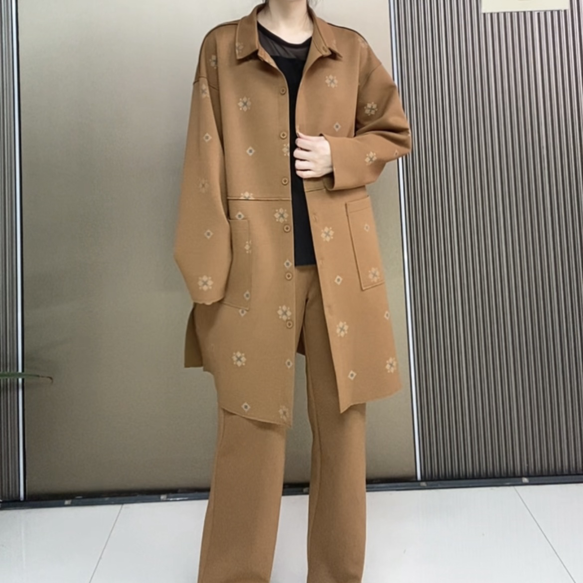 s5033 秋季印花风衣时尚百搭翻领气质中式提花风衣外套及裤子可选