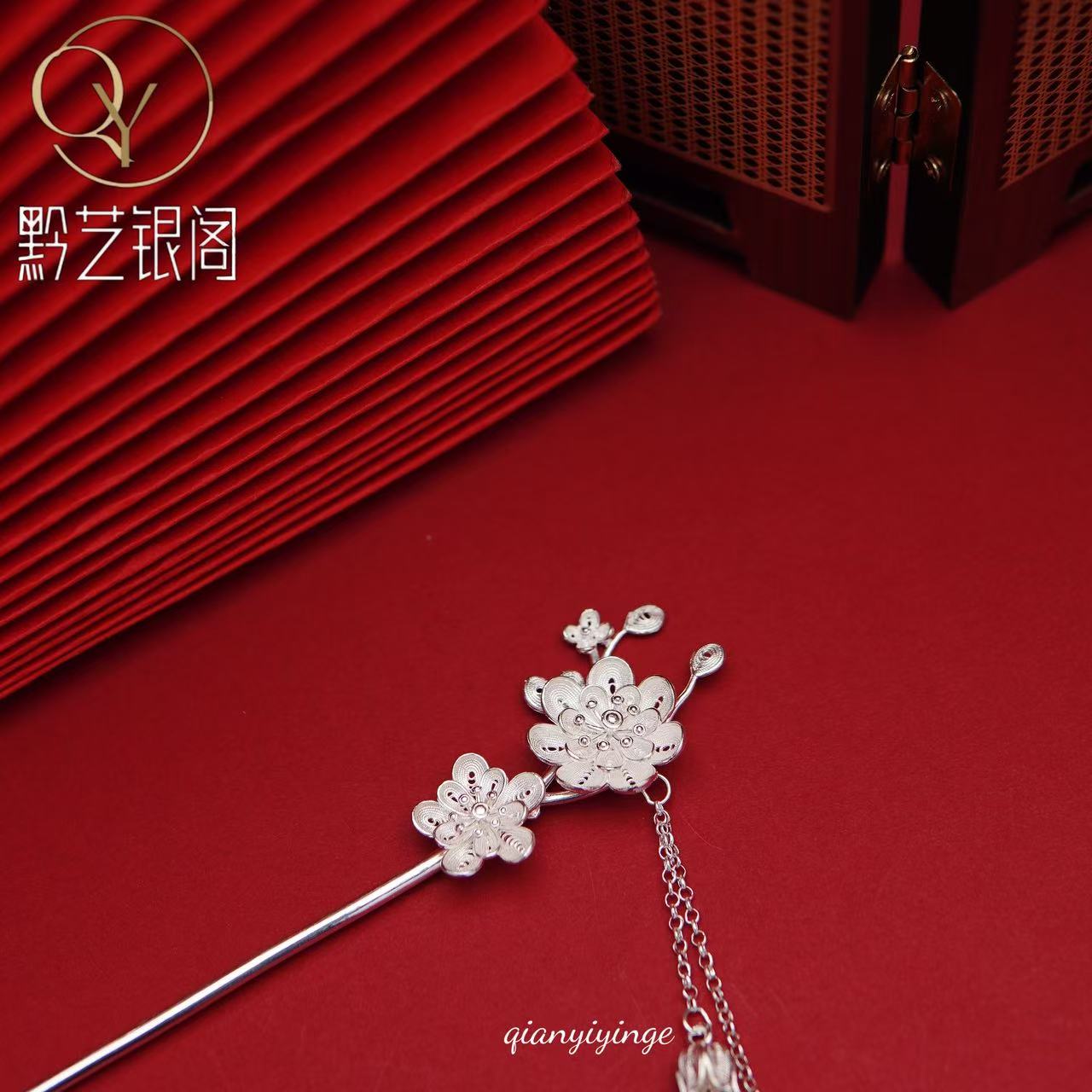 足银银制品 黔银足银梅花花丝发簪古风经典百搭款