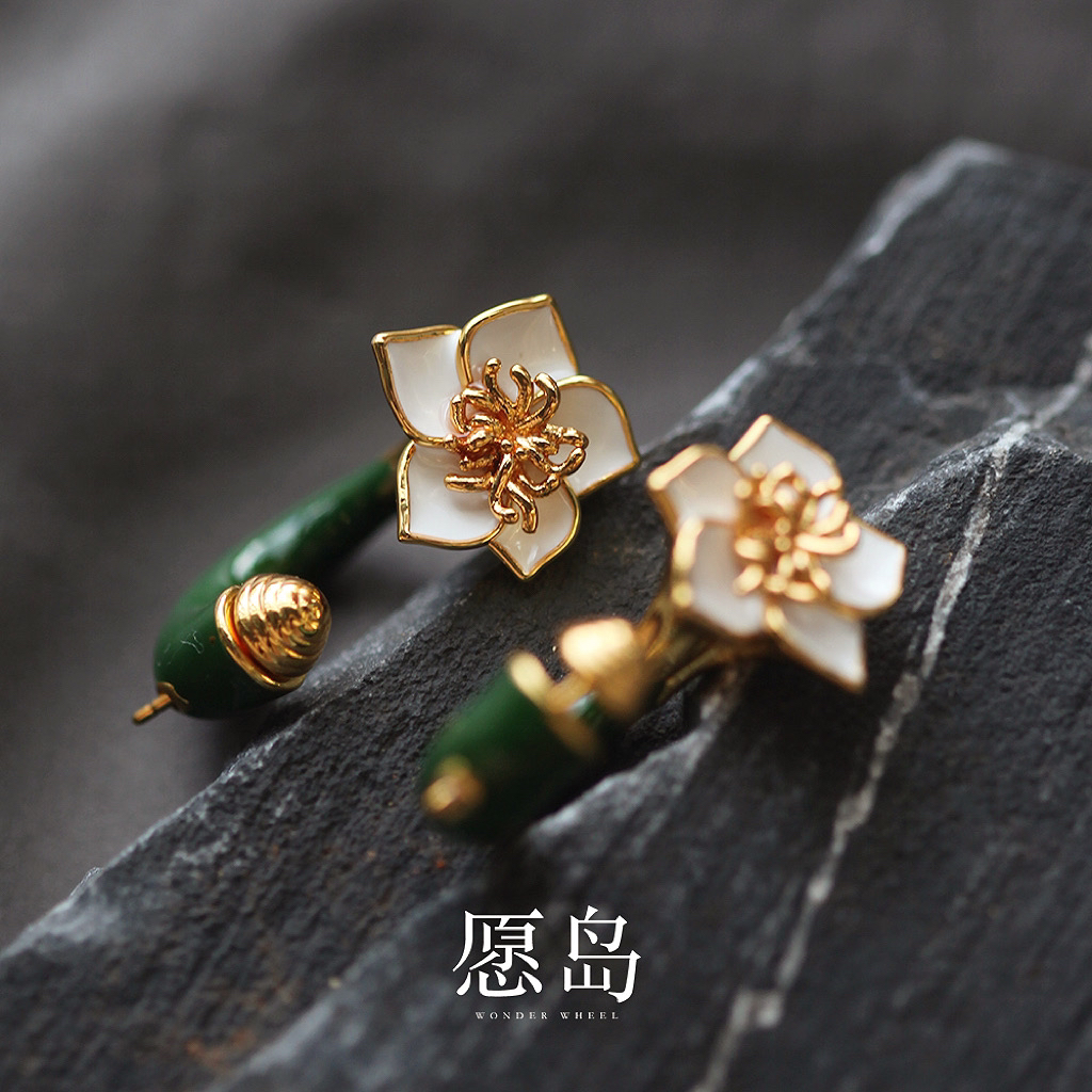 愿岛 黄铜珐琅耳饰 法式复古气质新中式绿色珐琅彩花朵耳钉EH2031