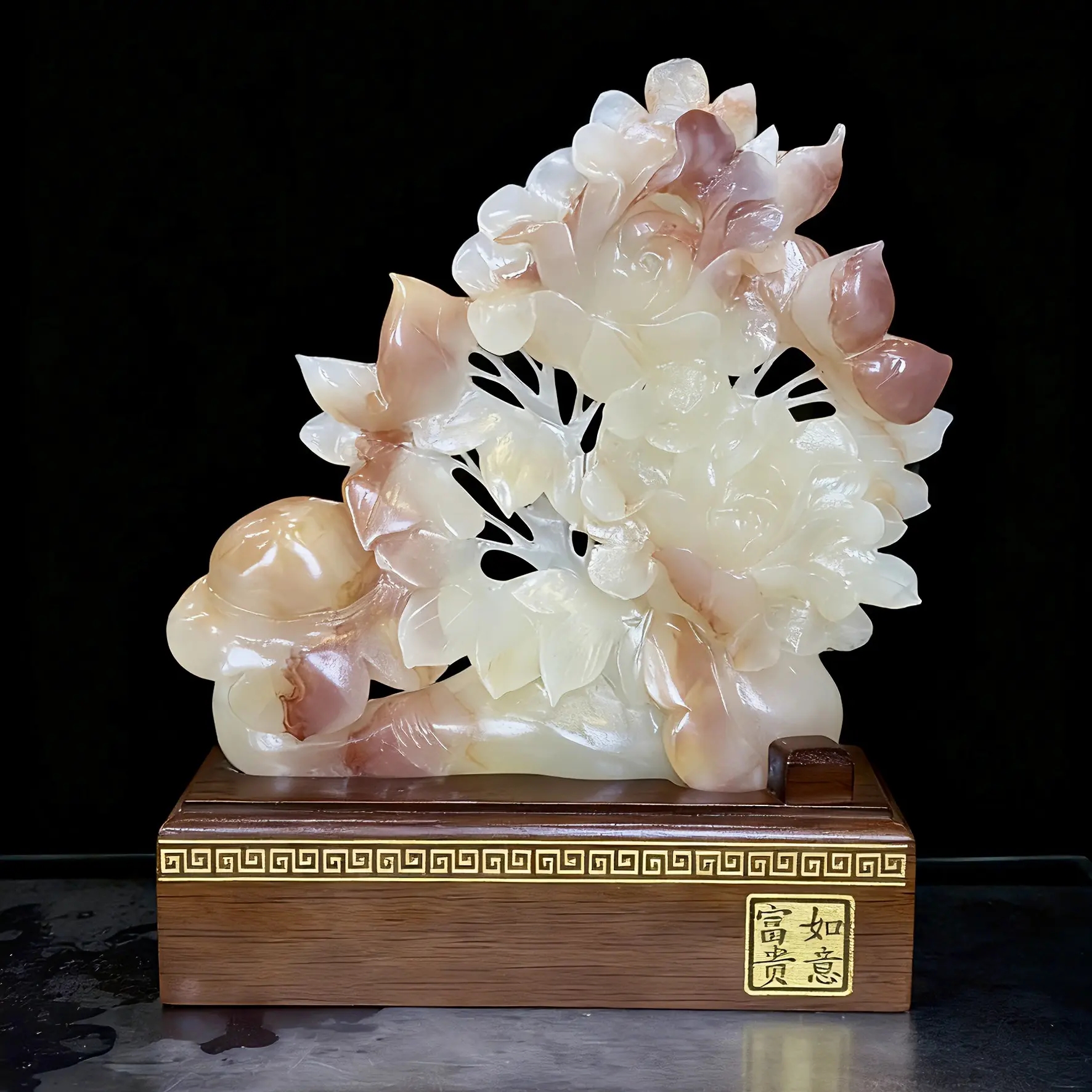 新中式花开富贵玉石摆件客厅玄关乔迁送礼装饰品