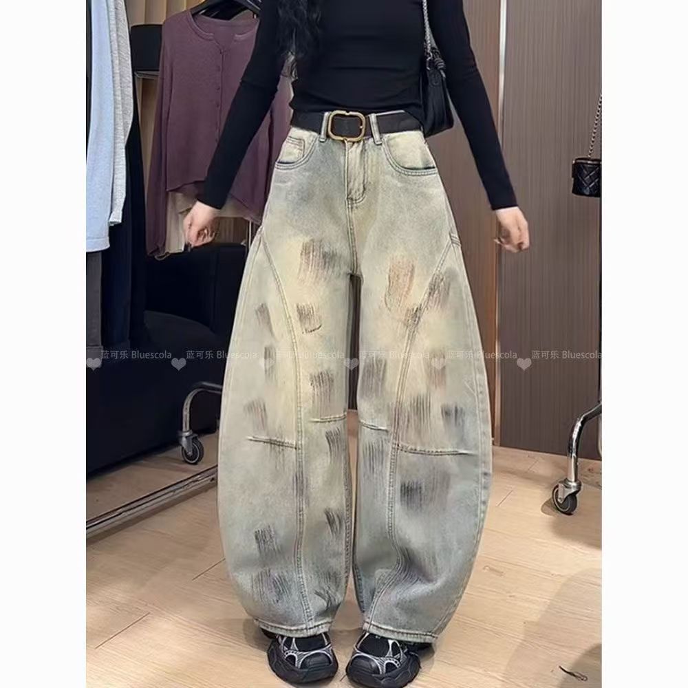 高腰弯刀阔腿牛仔裤   自主可拍