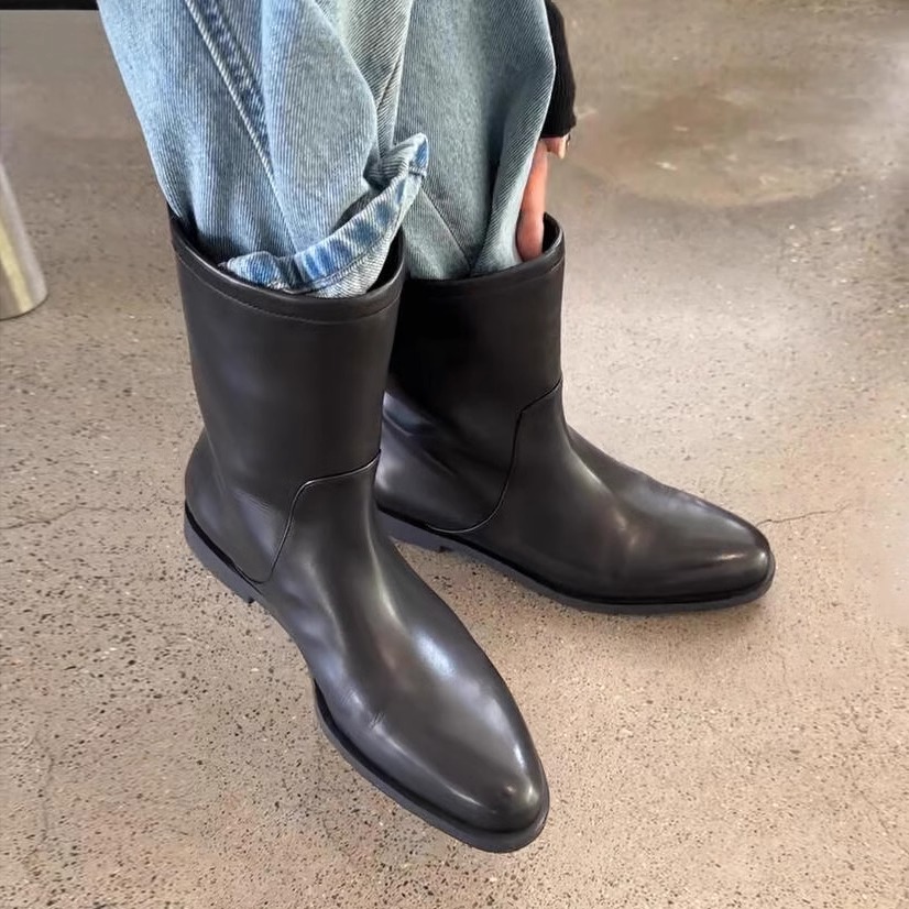 牛皮版~高级感时尚厚底中筒靴女冬新款宽筒马丁靴骑士机车靴短靴