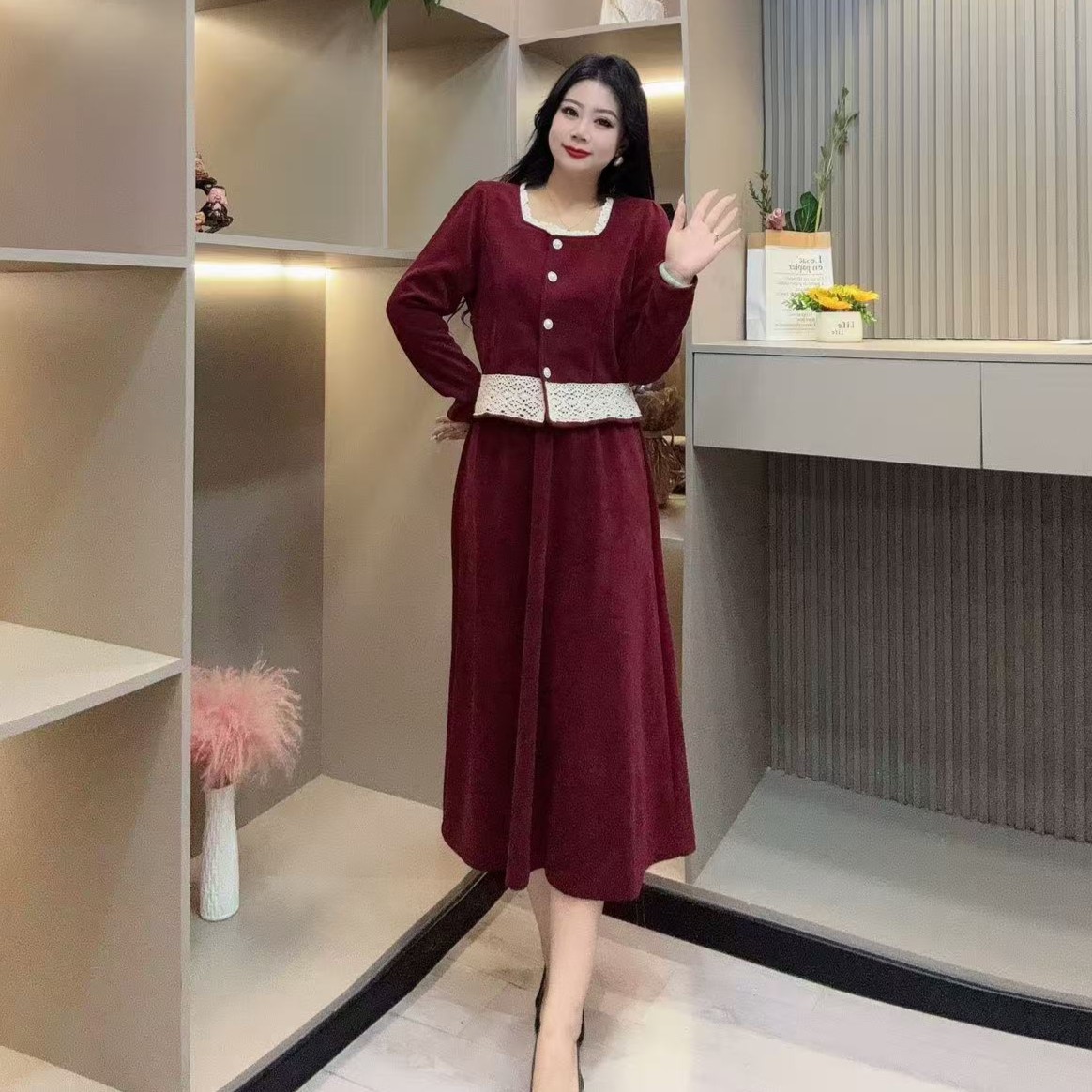 冬季套装-多 7567时尚潮流方领蕾丝设计百搭款胖MM大码女装新款