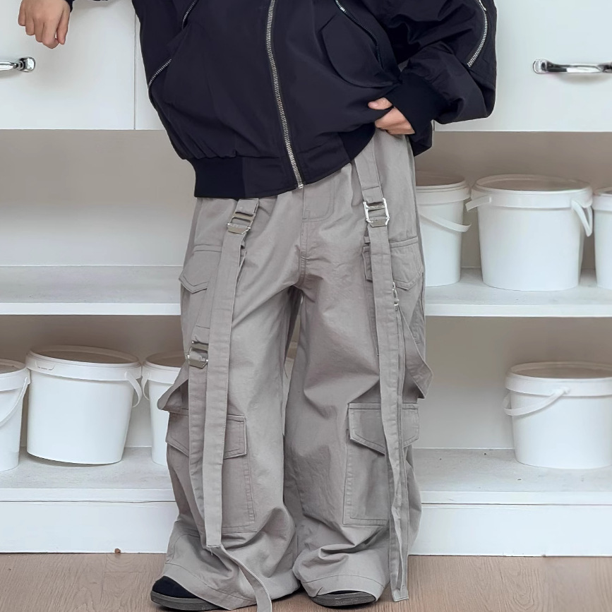 25春韩国童装中小童男童灰绿色水洗棉大口袋飘带工装阔腿裤长裤22