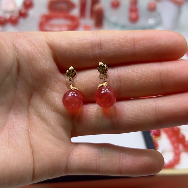 菱锰矿（红纹石）未镶嵌耳钉收藏版