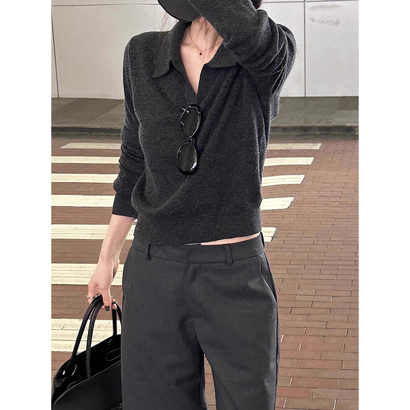深灰色老钱风针织衫女春秋穿搭高级感polo衫秋季2025新款长袖上衣