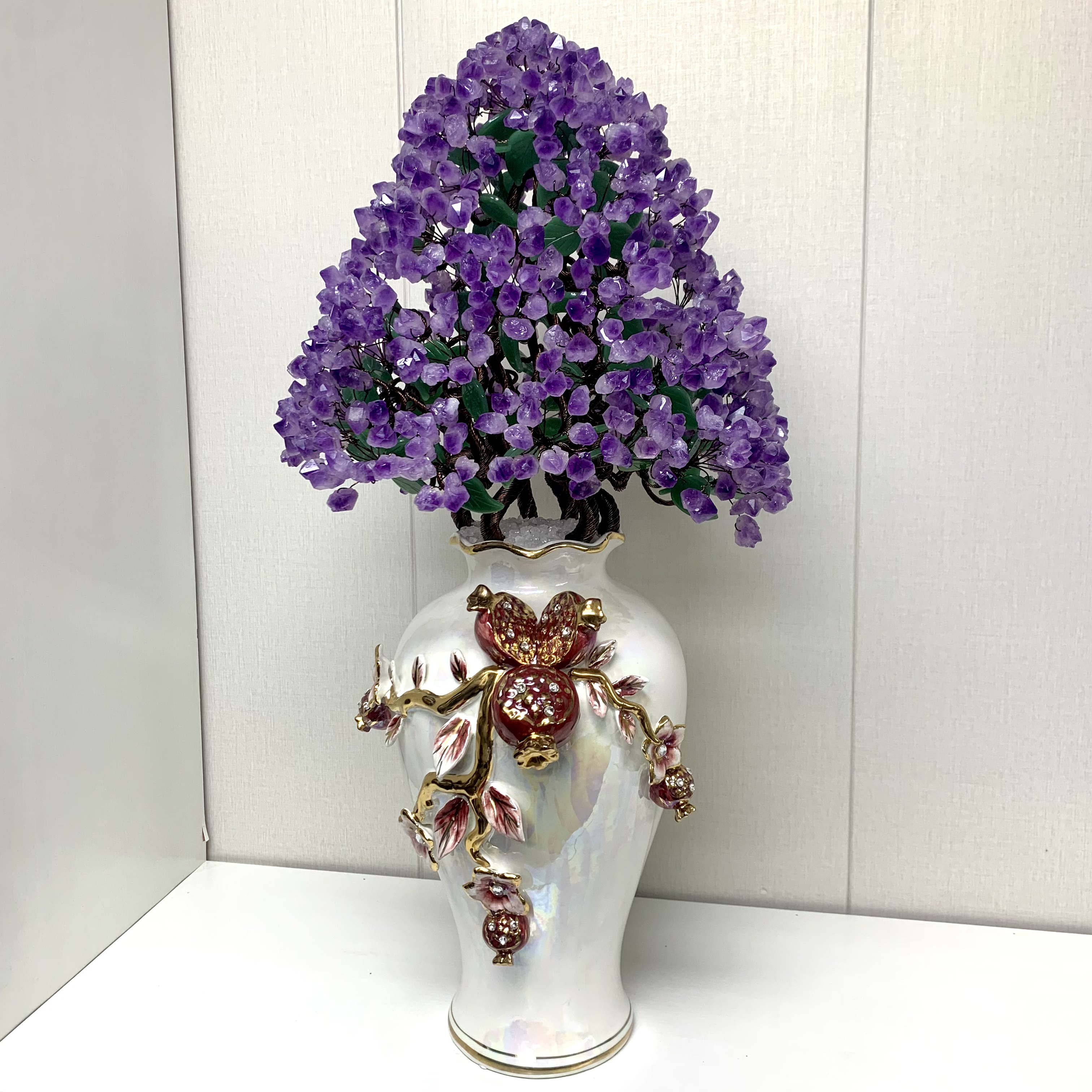 【晶之运】红红火火石榴紫水晶陶瓷迎客松摆件高档轻奢客厅玄关装饰