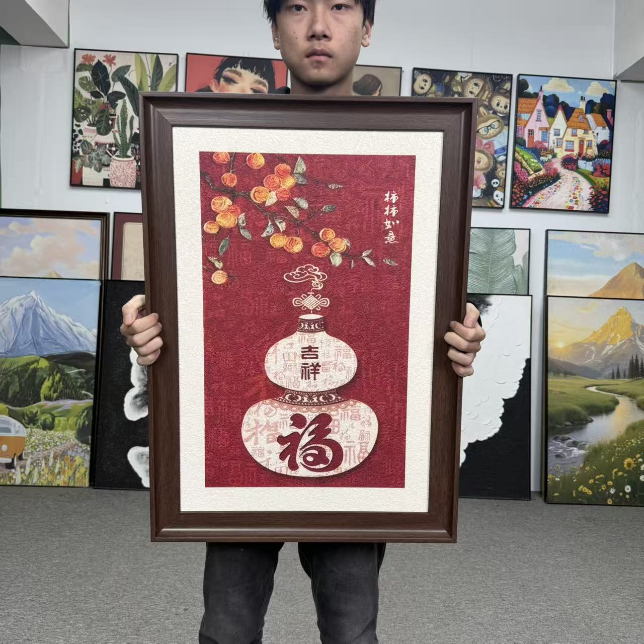 新中式葫芦壁画福禄百福图入户玄关走廊铝框装饰画5070