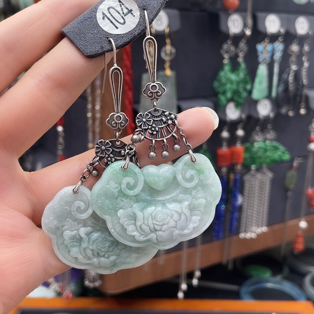 翡翠耳饰银S925镶嵌墨***浅490gnmhhh