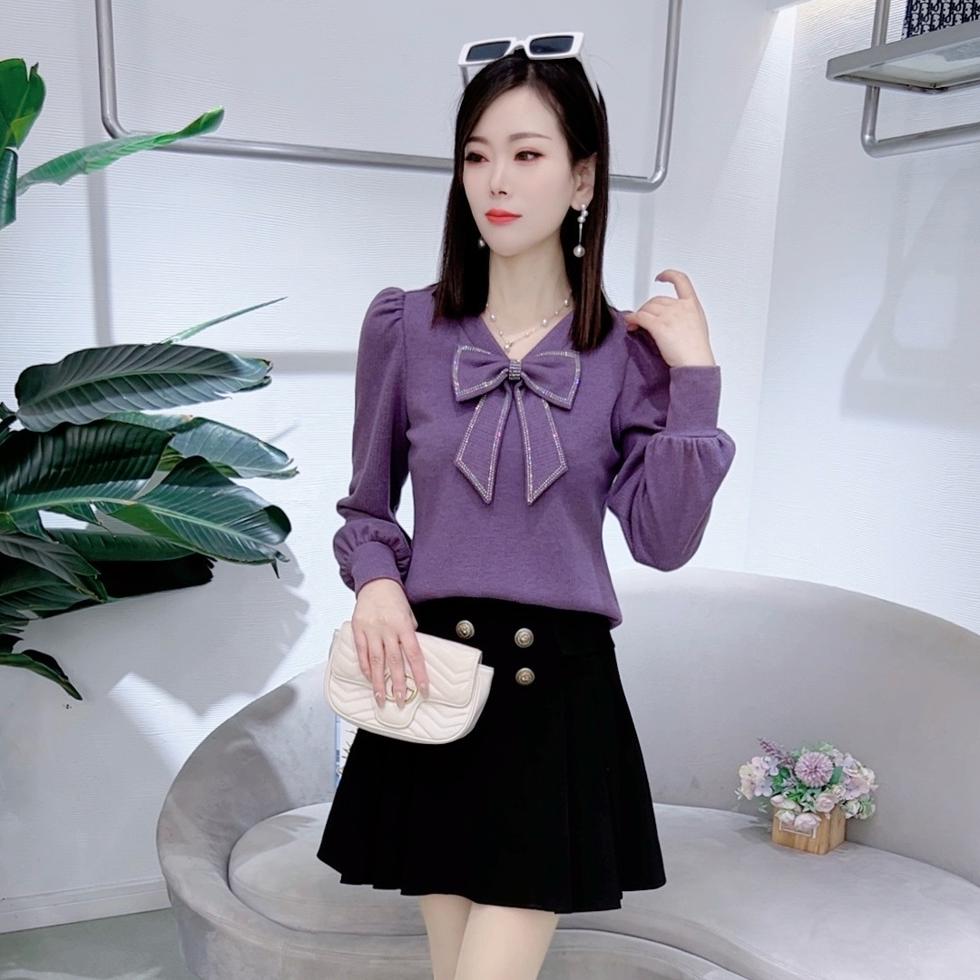 A6033秋季新款长袖拼接蝴蝶结打底衫气质显瘦洋气上衣