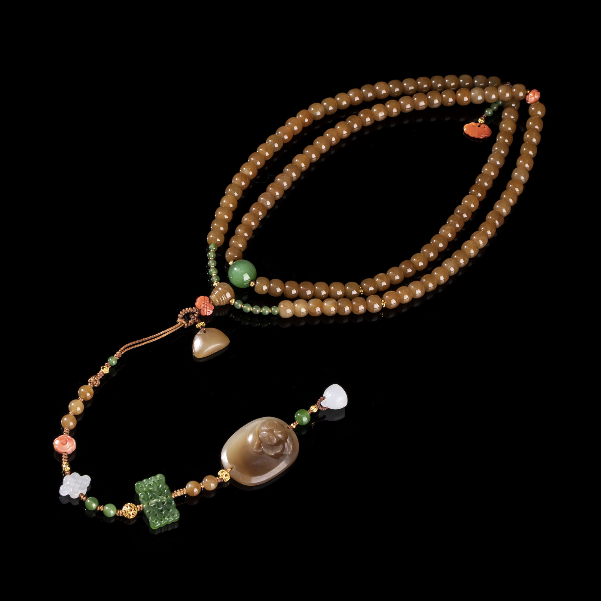 员格格18K金/和田玉糖玉老型项链/荷花牌