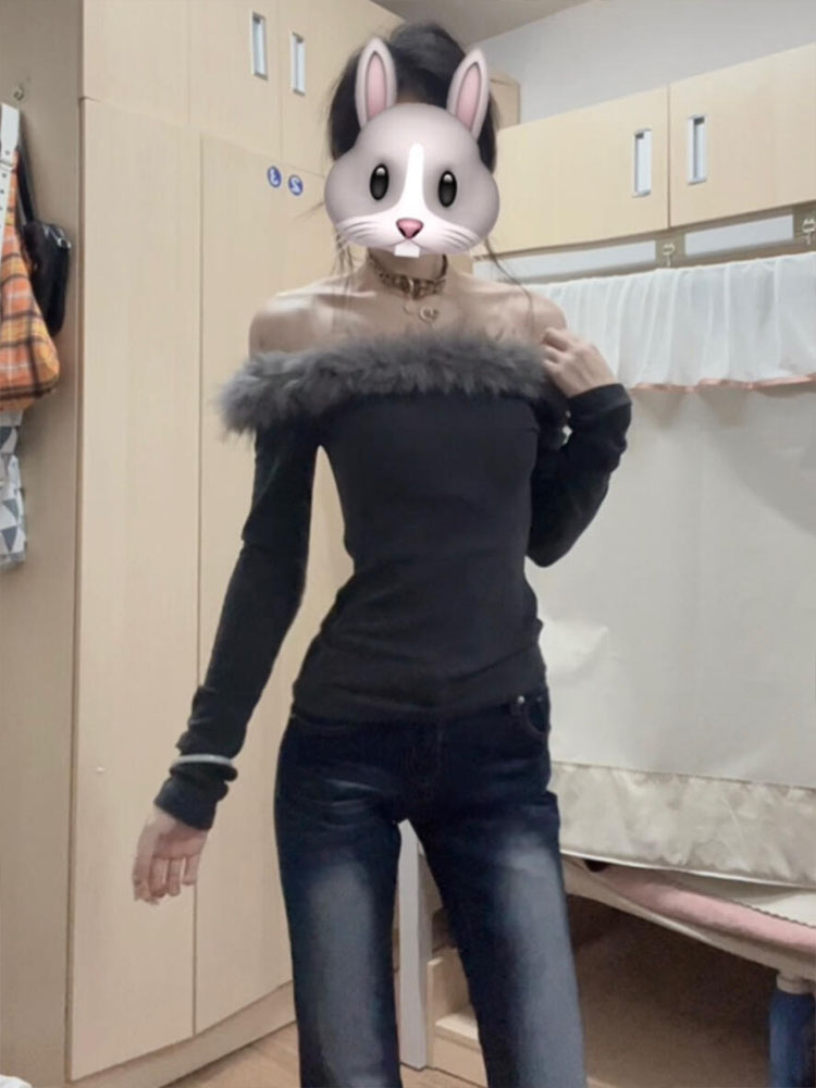 德绒美式辣妹毛毛拼接长袖t恤女春秋季别致修身洋气内搭打底上衣