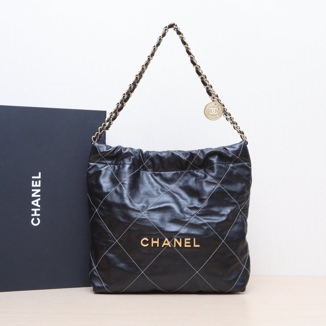 99新 Chanel/香奈儿 小花黑黑22Bag Tote托特包 小号 黑色 芯片开