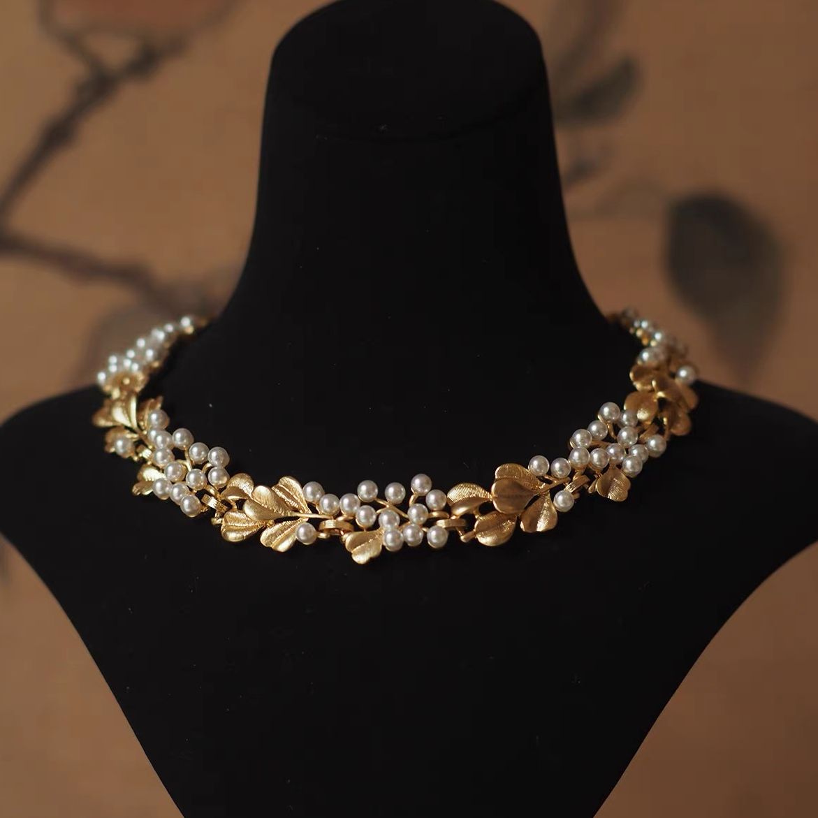 合金合成锆石项链 【UU】中古项链银杏叶珍珠复古拉丝宫廷风EY5110