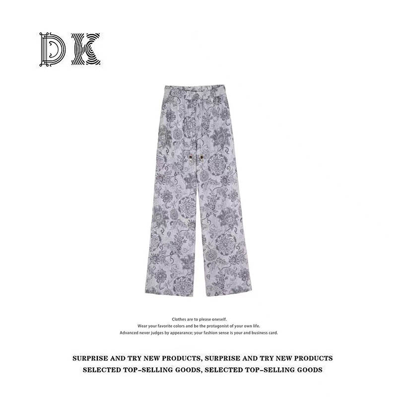 DK 2025夏季女装 灰色复古印花高腰垂感阔腿亚麻休闲裤 18702