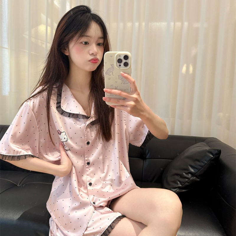 波点hellokitty猫睡衣女夏季新款花边短袖日系学生居家服套装外穿