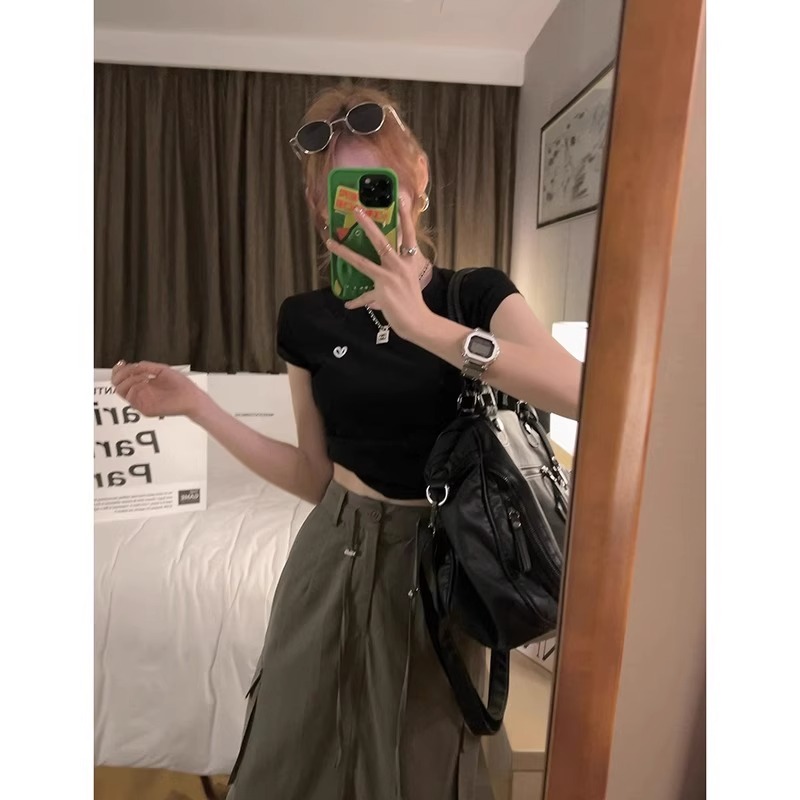 纯 棉正肩女t恤短袖夏季小个子修身不规则短款体恤上衣设计感小众