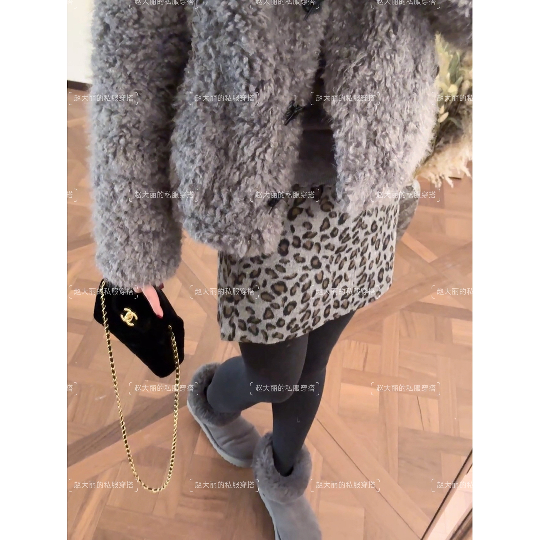 老赵服饰 复古豹纹拼接毛呢高腰显瘦半身短裙21AU5406