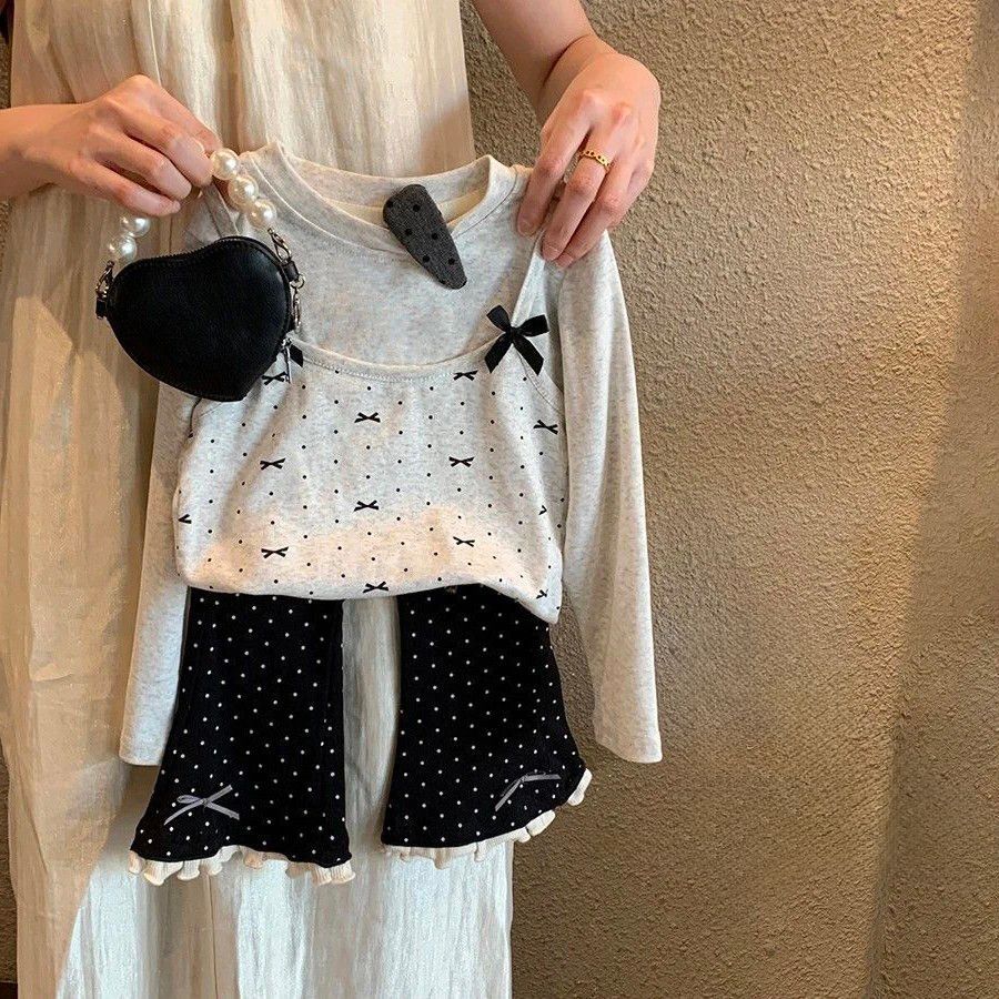 女童秋装套装儿童波点蝴蝶结喇叭裤宝宝假两件长袖上衣洋气时髦款