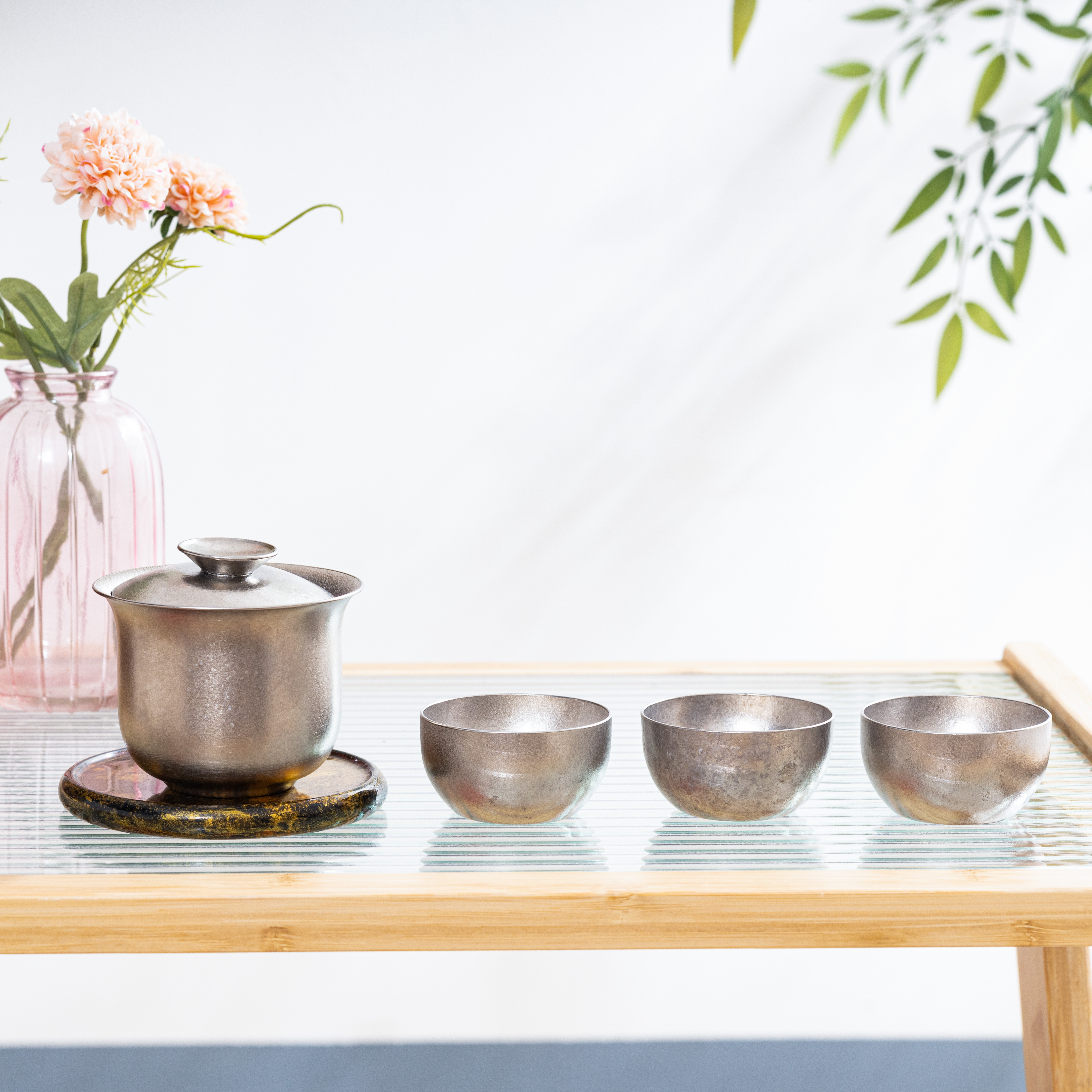 茶周边 冰花-130ml钛盖碗+3个茶杯（银色）茶道器具TYD019