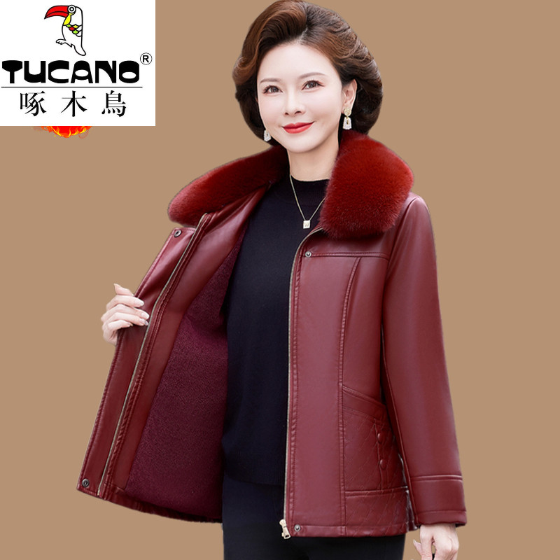 啄木鸟妈妈冬装加绒加厚PU皮衣外套保暖棉服新款中老年时尚皮夹克