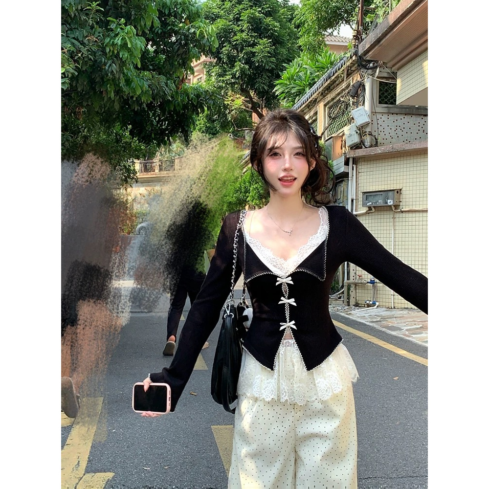 【现货】纯欲风蝴蝶结长袖针织开衫女2025新款蕾丝吊带内搭叠穿上衣