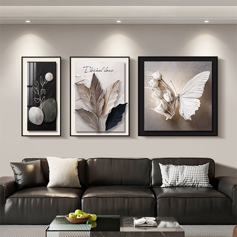 现代简约客厅装饰画高级感沙发背景墙挂画抽象蝴蝶三联画组合壁画