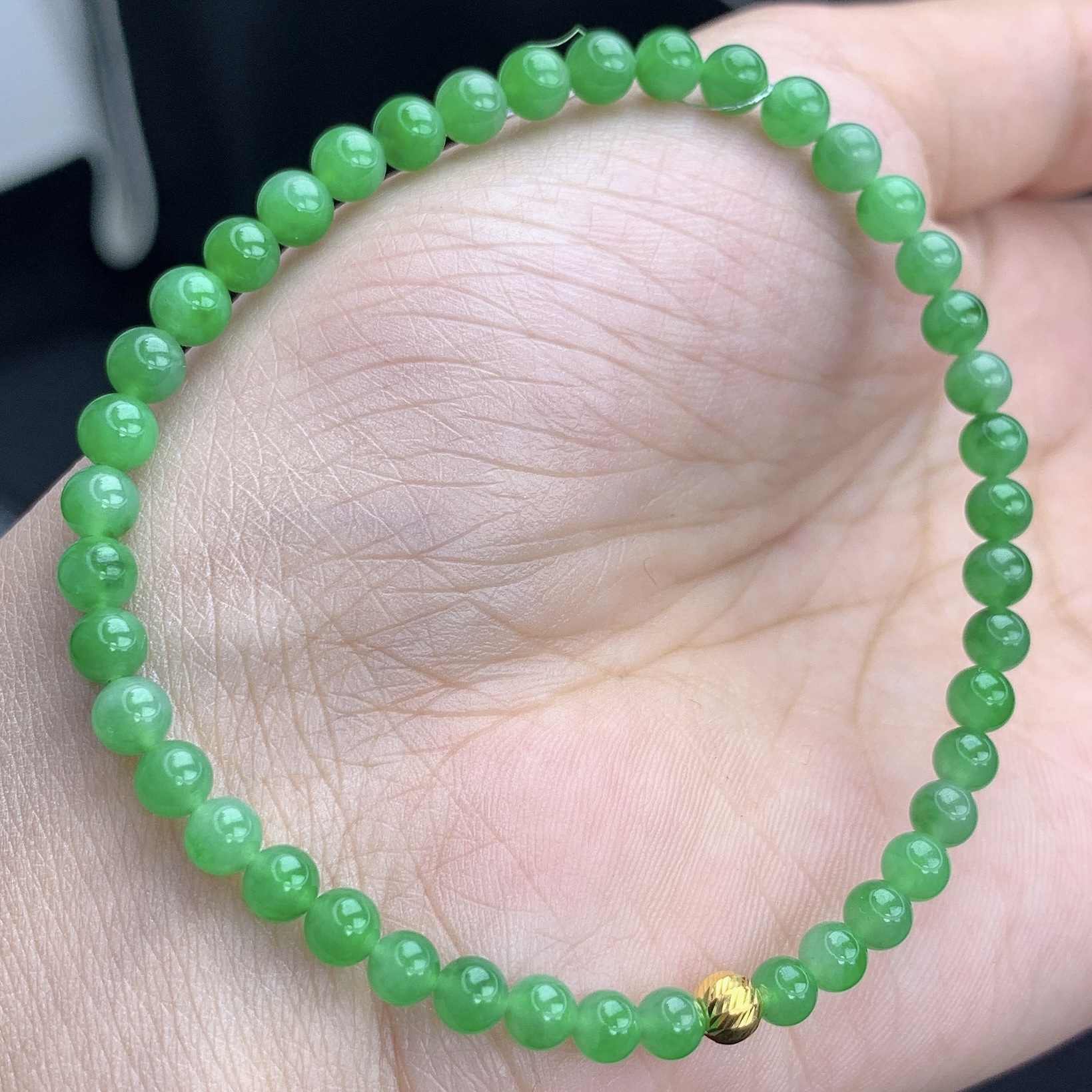 缅甸A货翡翠浓绿色圆珠手链手串单圈T卡4-4.5mm