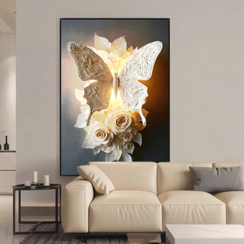 抽象竖版客厅沙发落地画玄关高档大气装饰画挂画黑白蝴蝶房间壁画