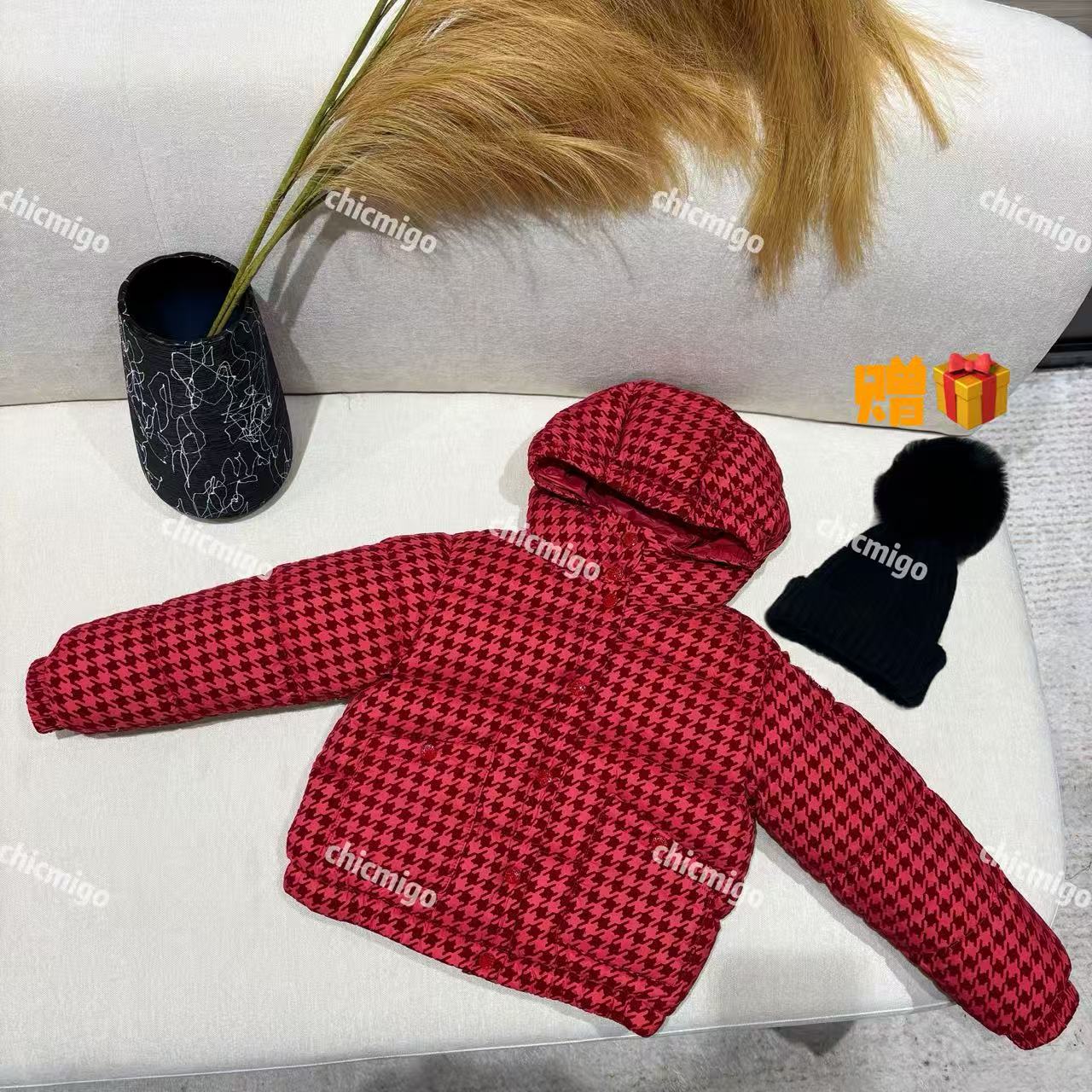 【Chicmigo高定童装】冬季新款高定轻奢3D立体红韵千鸟白鹅绒羽绒服