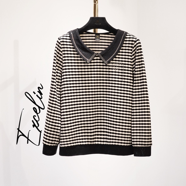 断码孤品EXC960黑白条纹洒银翻领显瘦减龄洋气卫衣上衣