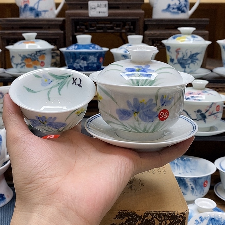 手绘蝴蝶兰盖碗160cc三才盖碗➕两个压手杯釉下彩微瑕福利款