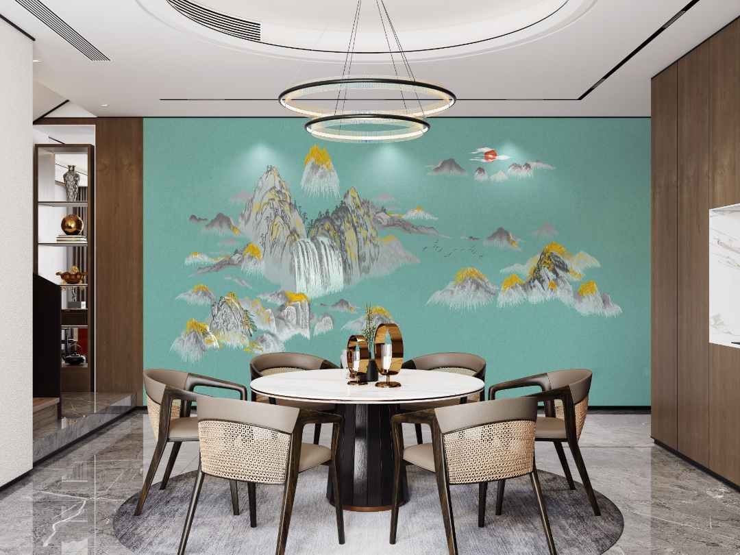 【新中式】锦绣峰影A9国画独绣花背景墙别墅家居墙布刺绣壁布