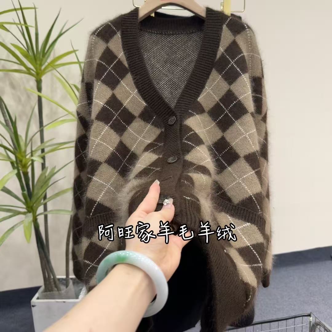 韩系网红开衫新款韩版百搭拼色羊毛衫显瘦气质洋气v领宽松时尚