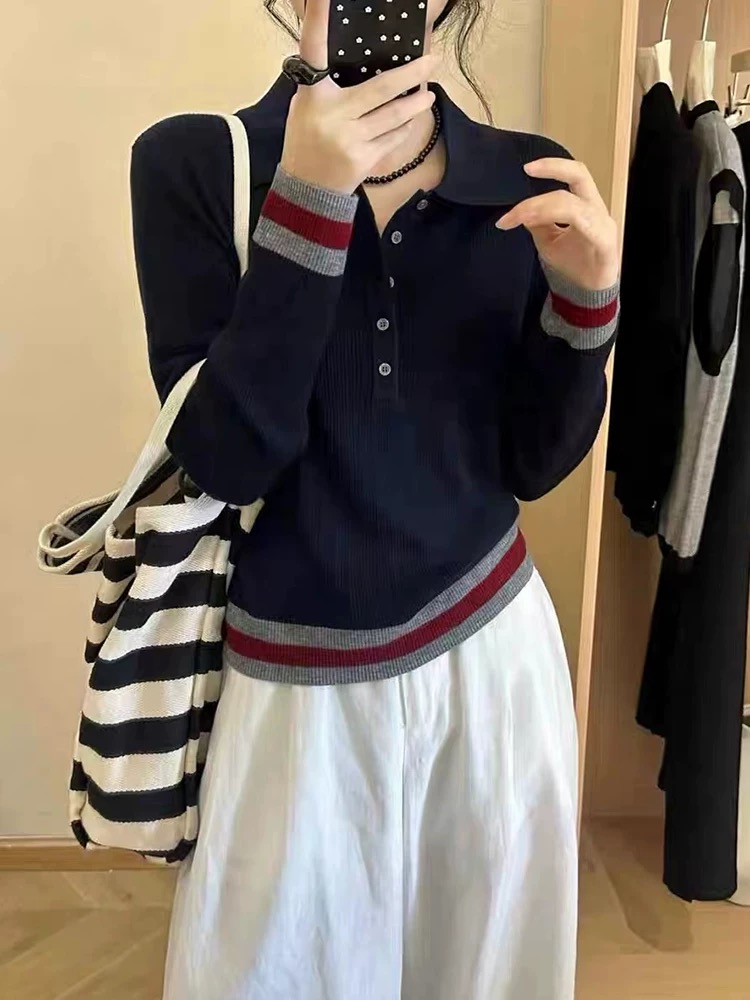 【老钱日记】2025年秋季polo领针织衫新款拼色老钱风气质毛衣女