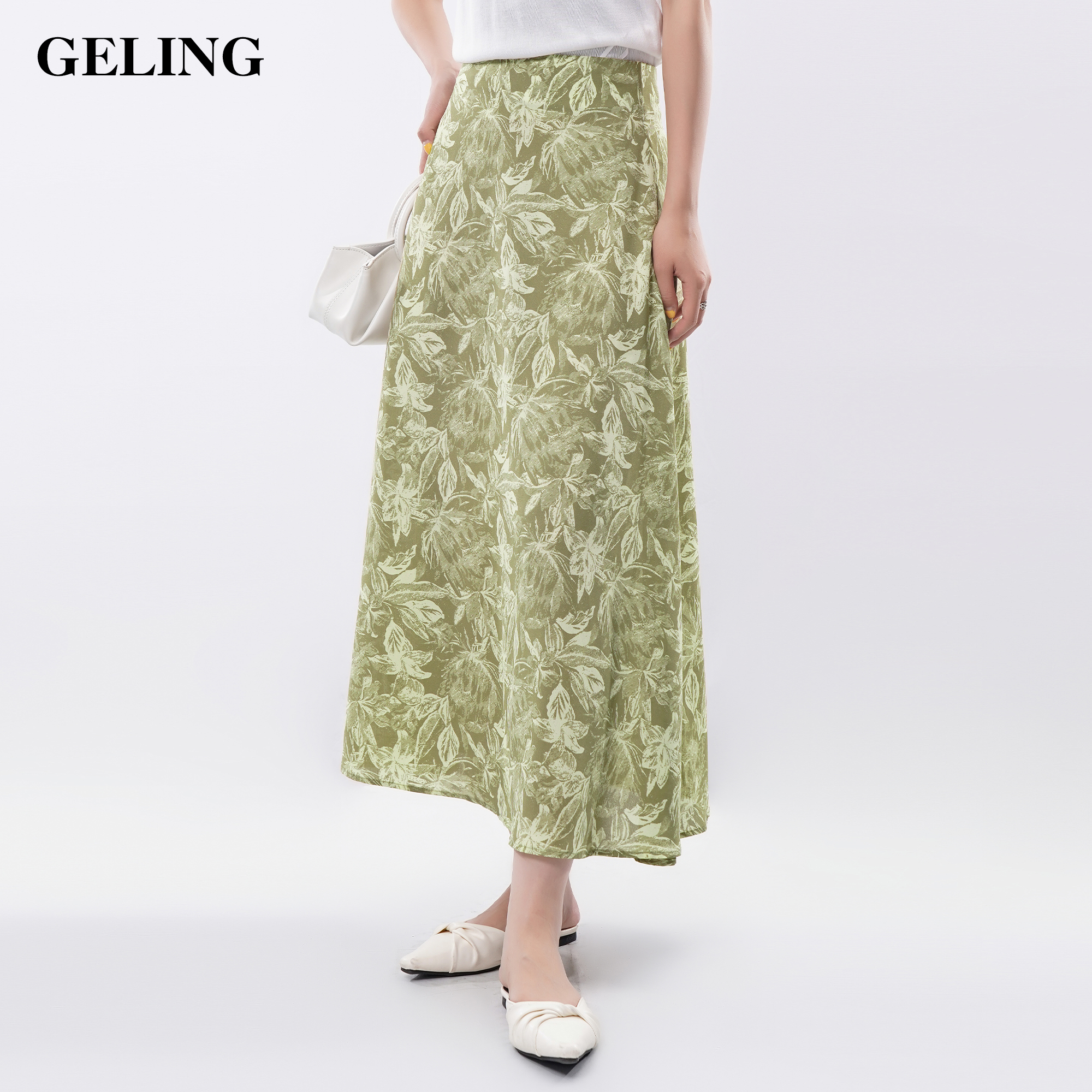 GELING/歌&玲绿色夏季显瘦印花大摆裙复古长款法式优雅G504W369B