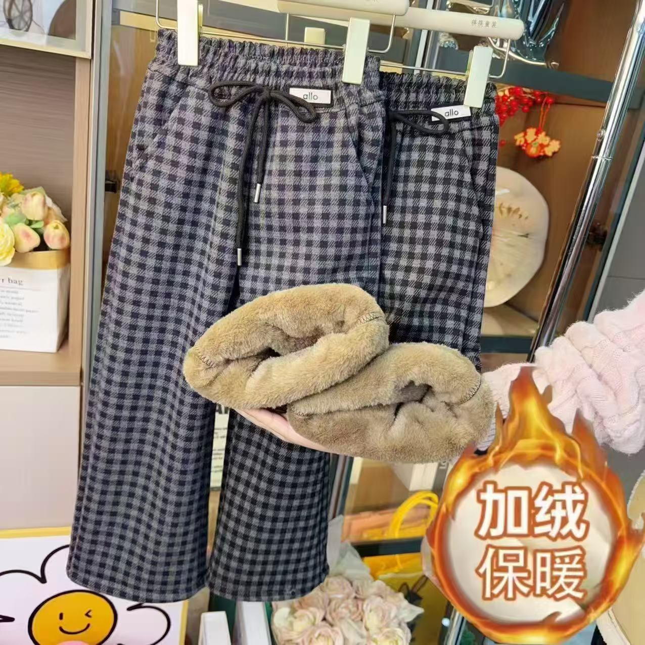 【加绒加厚】女童裤子2025冬装新款格子裤女孩弯刀阔腿裤中大童冬季