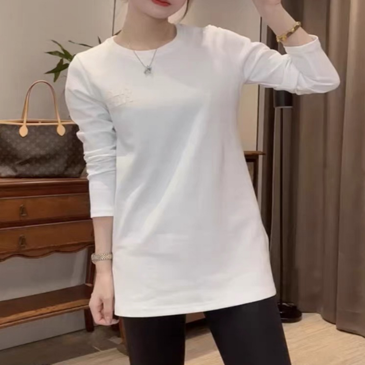 欧货2025秋女时尚设计感百搭休闲圆领中长款长袖T恤上衣打底衫潮