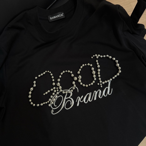 Bamancai-美式复古珍珠绣字母重磅宽松圆领短袖T恤小众重工