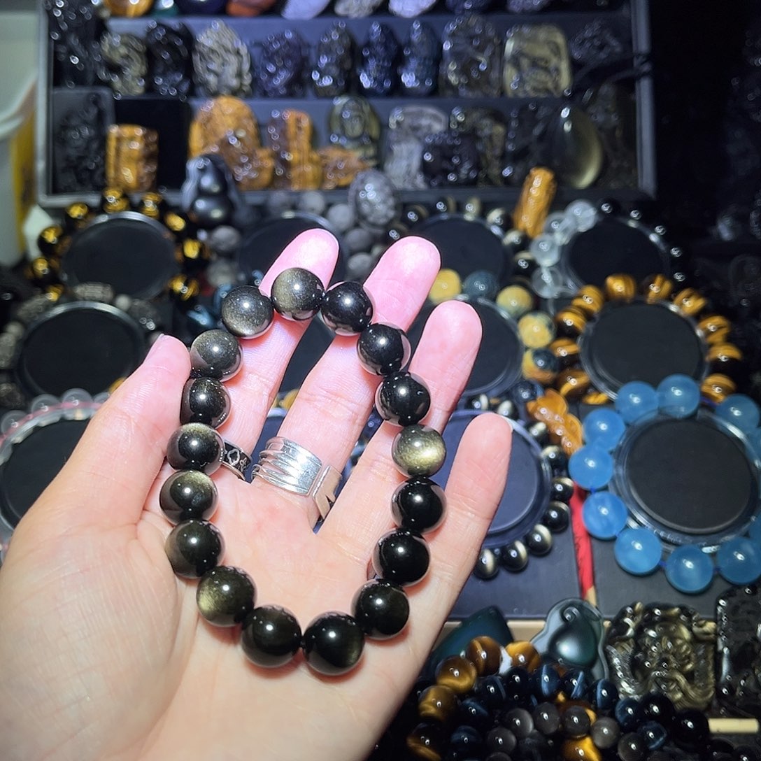 黑曜岩未镶嵌手链明***我金曜石黑12m