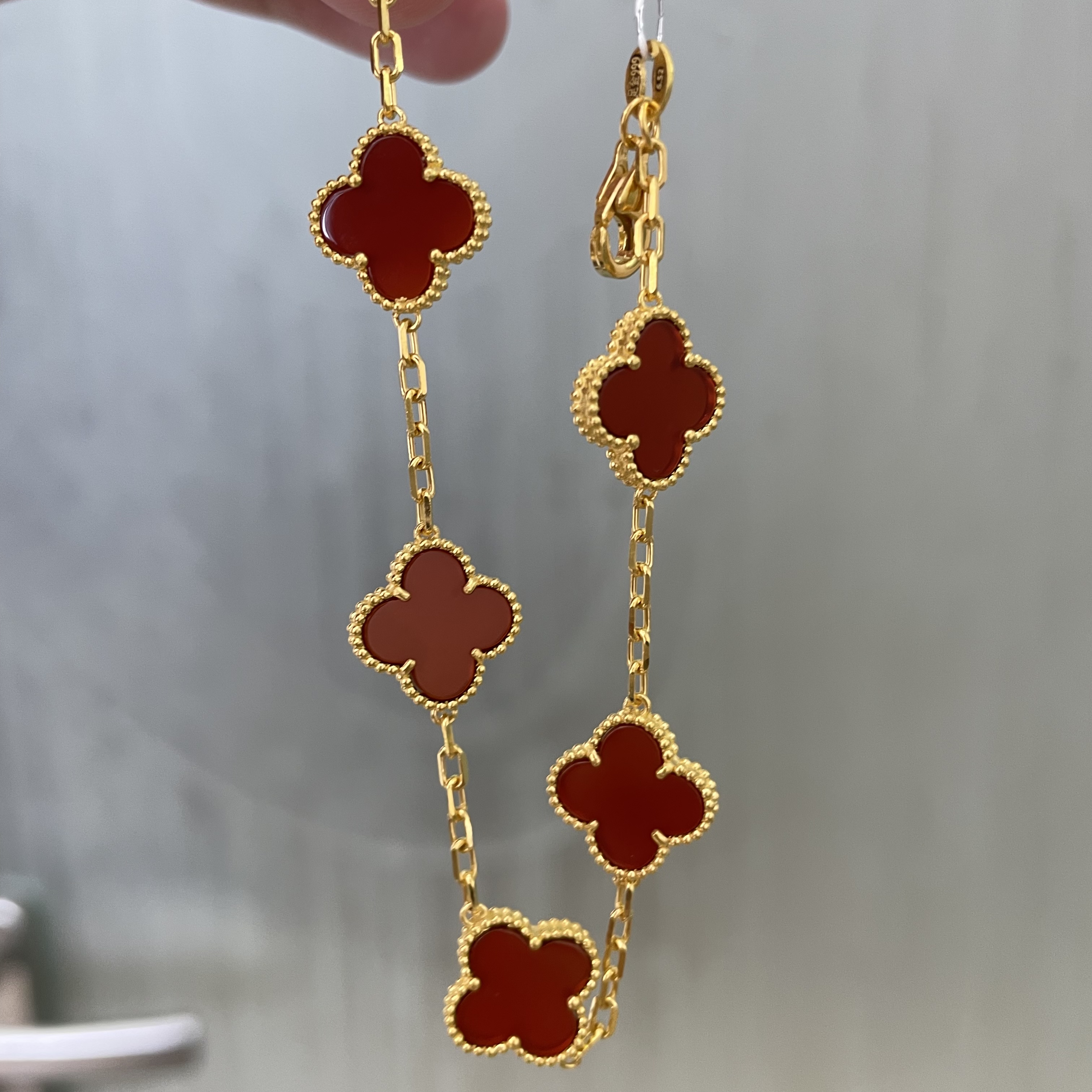 红色五花手链足金999 四叶草气质轻奢时尚红色双面黄金手链