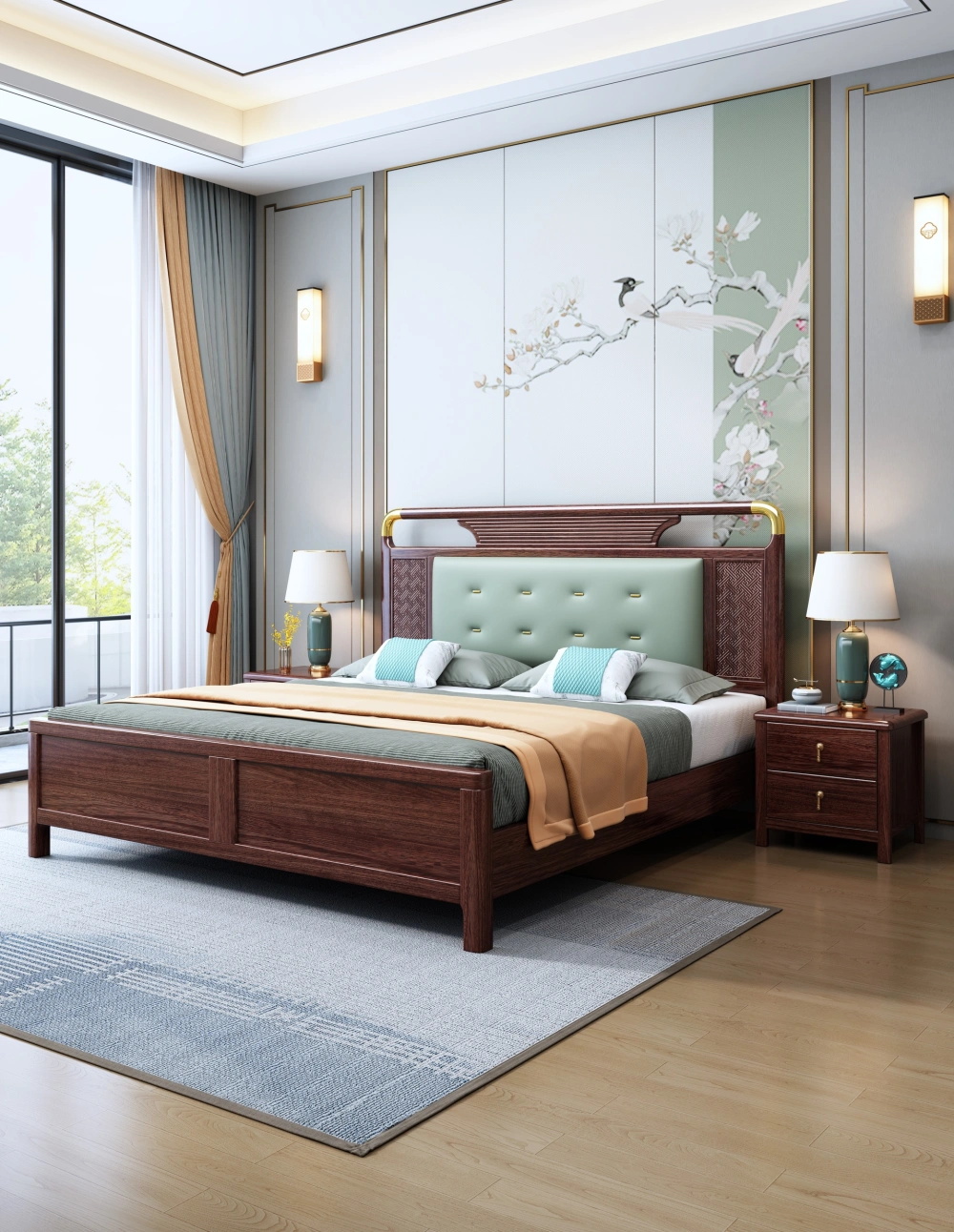 9905新中式床乌金木实木床双人主卧室高箱床实木家具家用大床成套