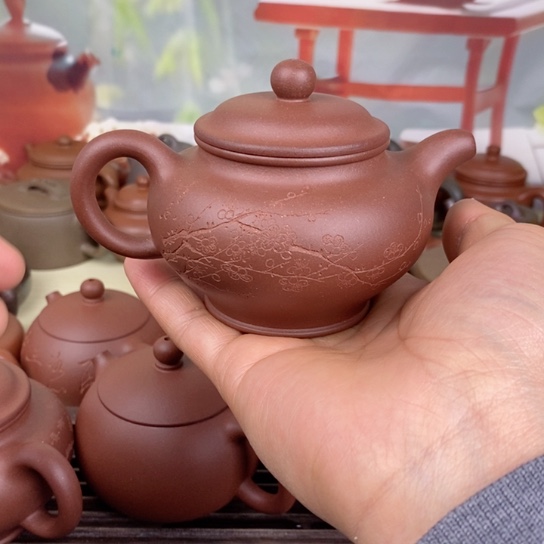 紫砂茶壶风釉羊角山紫泥200cc左右掇只刻绘款