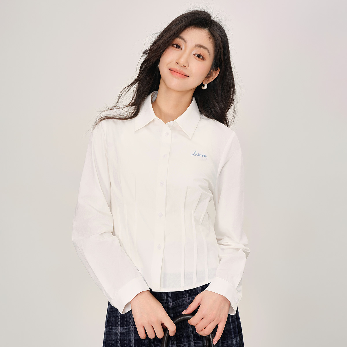 【终狂欢购】茵曼26春季法式长袖纯棉衬衫女压褶收腰显瘦翻领衬衣