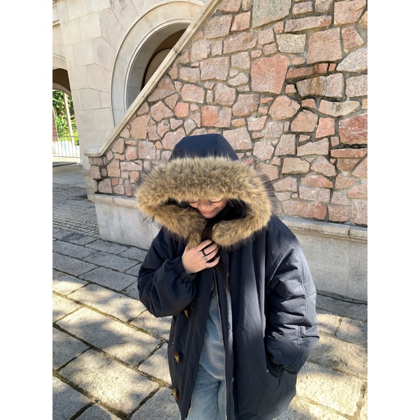 ONNI牛角扣派克服大毛领连帽棉服外套男女同款冬季宽松加厚#3014