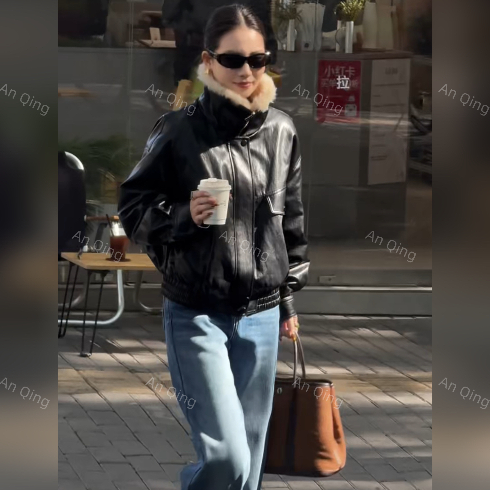 AN  QING复古港风美式立领显瘦pu皮短款外套