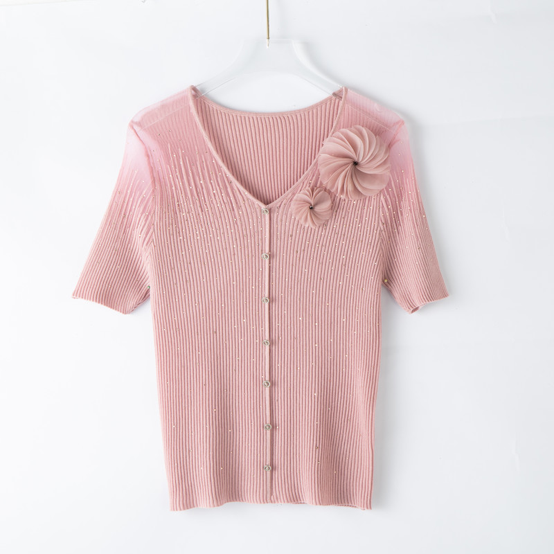 【木瑶定制】2025夏季v领轻奢显瘦闪闪钻针织短袖微透花朵